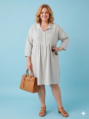 DIVERSE  Light Gray 100% LINEN  Women's Midi Dress PLUS SIZE MADE IN ITALY